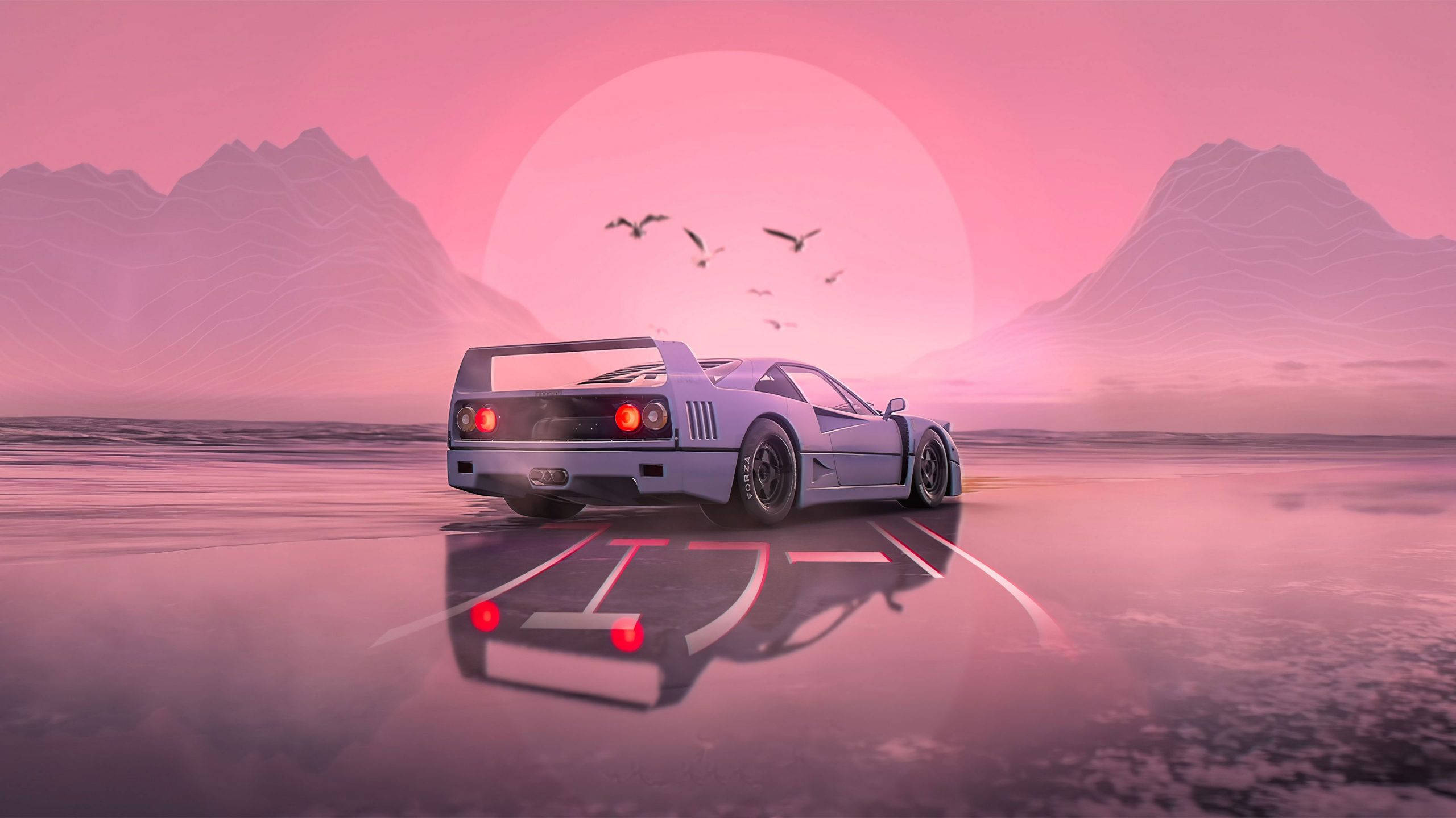 Wit Motor Anime Pienk Landskap Muurpapier