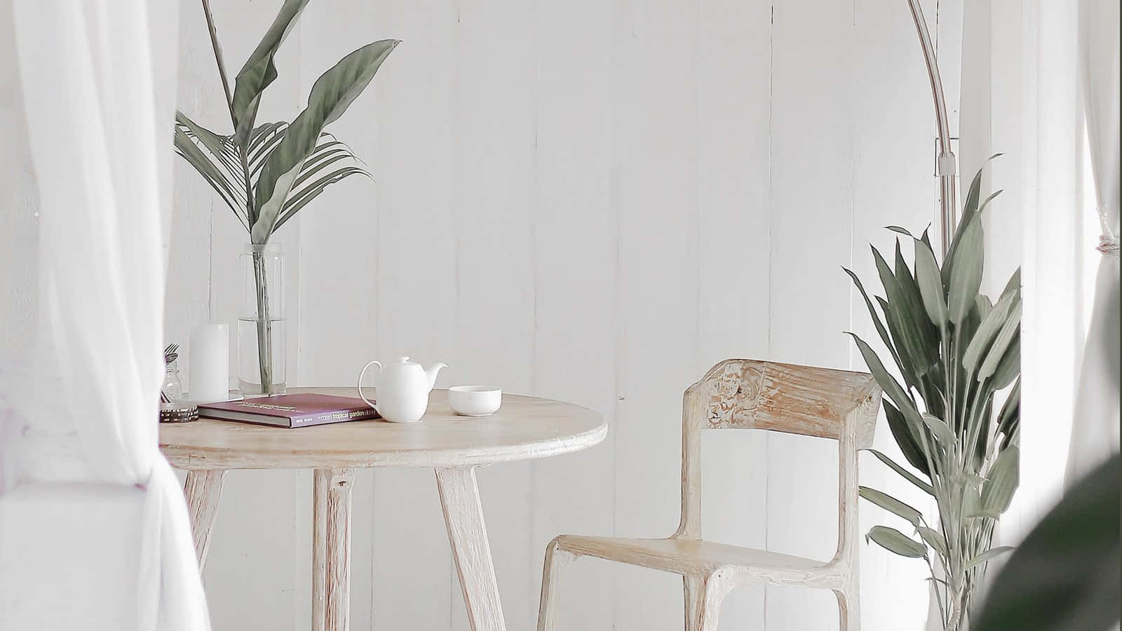 Wit Tafel Met Plante Agtergrond Muurpapier