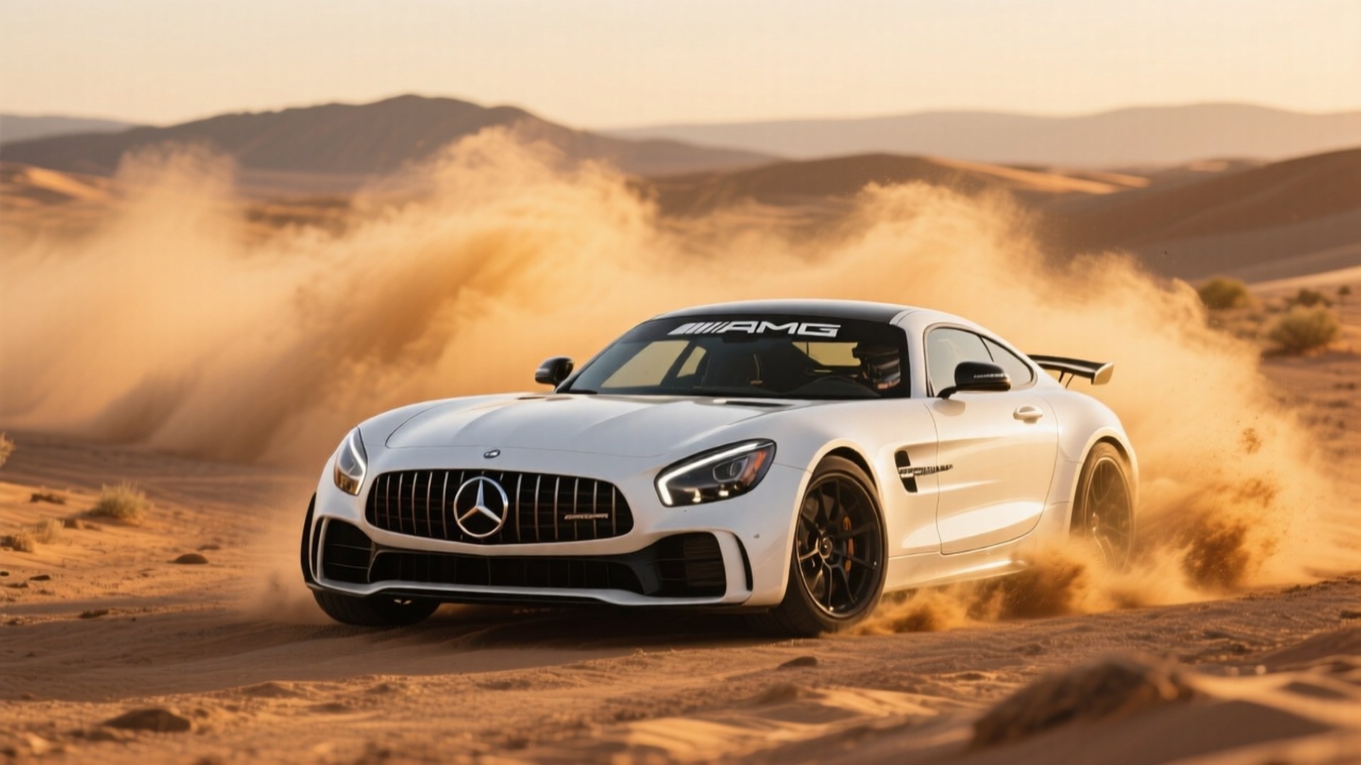 Wit Mercedes-AMG GT R wat in die woestyn dryf gedurende die goue uur — Koel motors Muurpapier