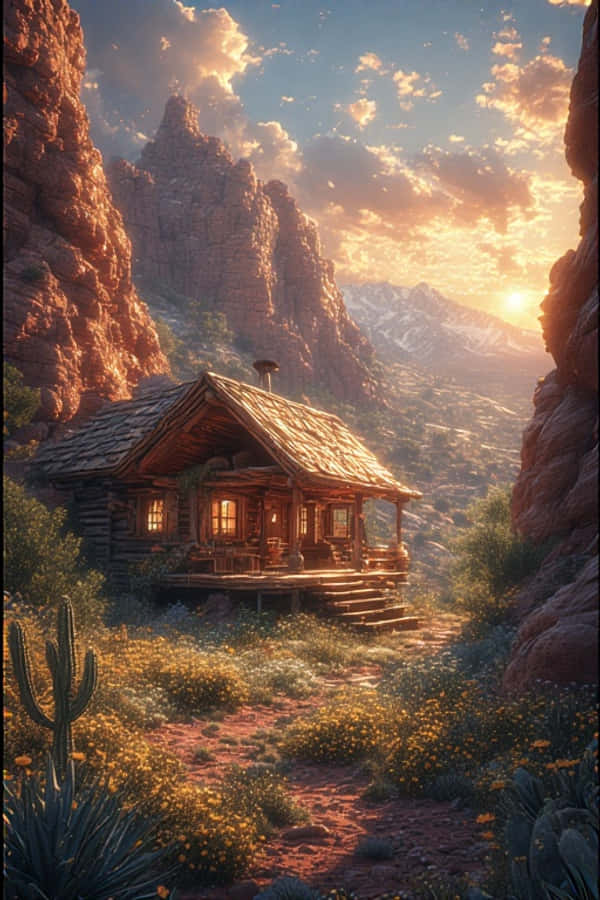 Woestyn Oase Hut met Veldblomme Warm Natuur 4K Muurpapier