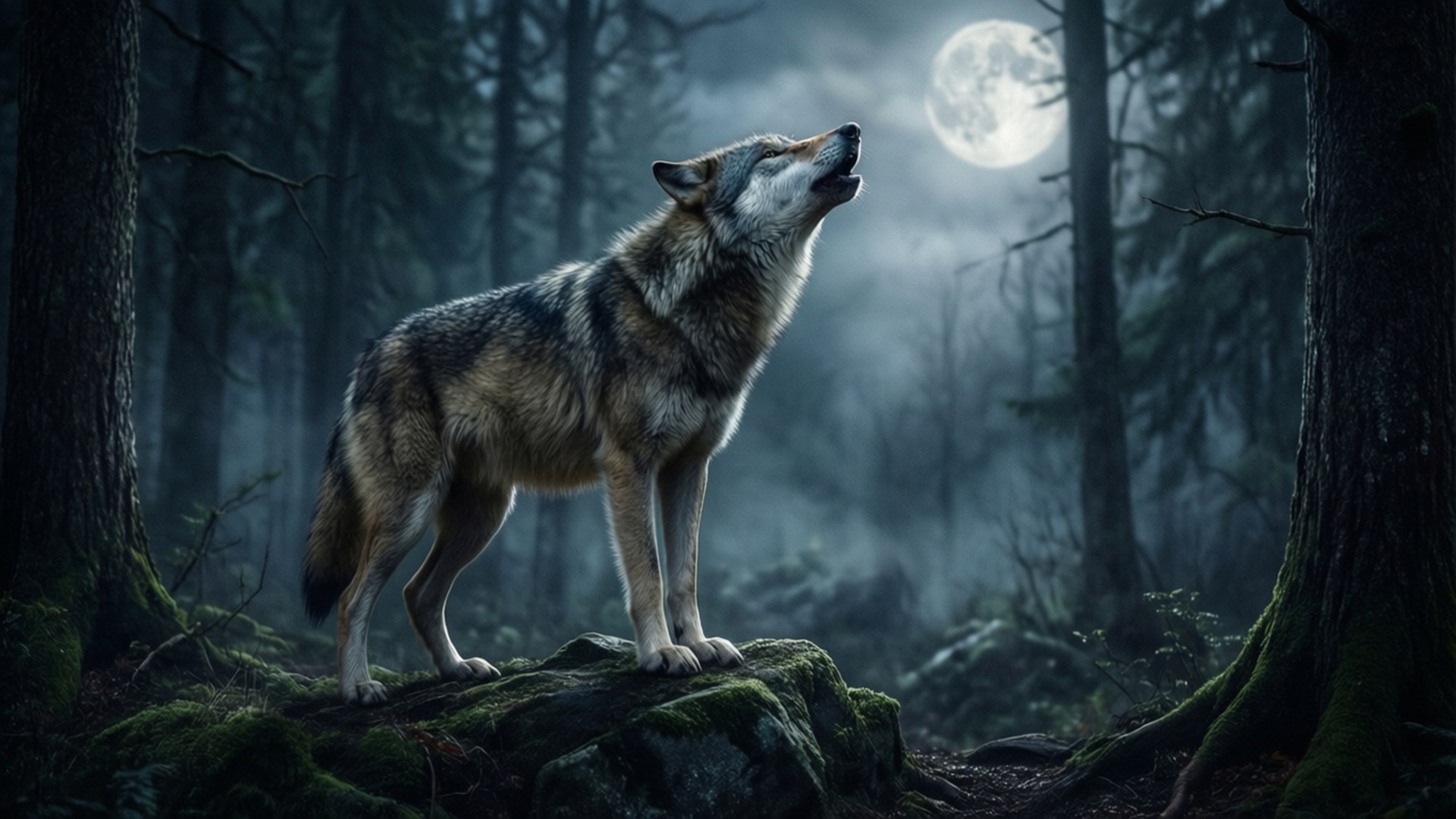 Wolf wat Huil in Donker Bos Muurpapier
