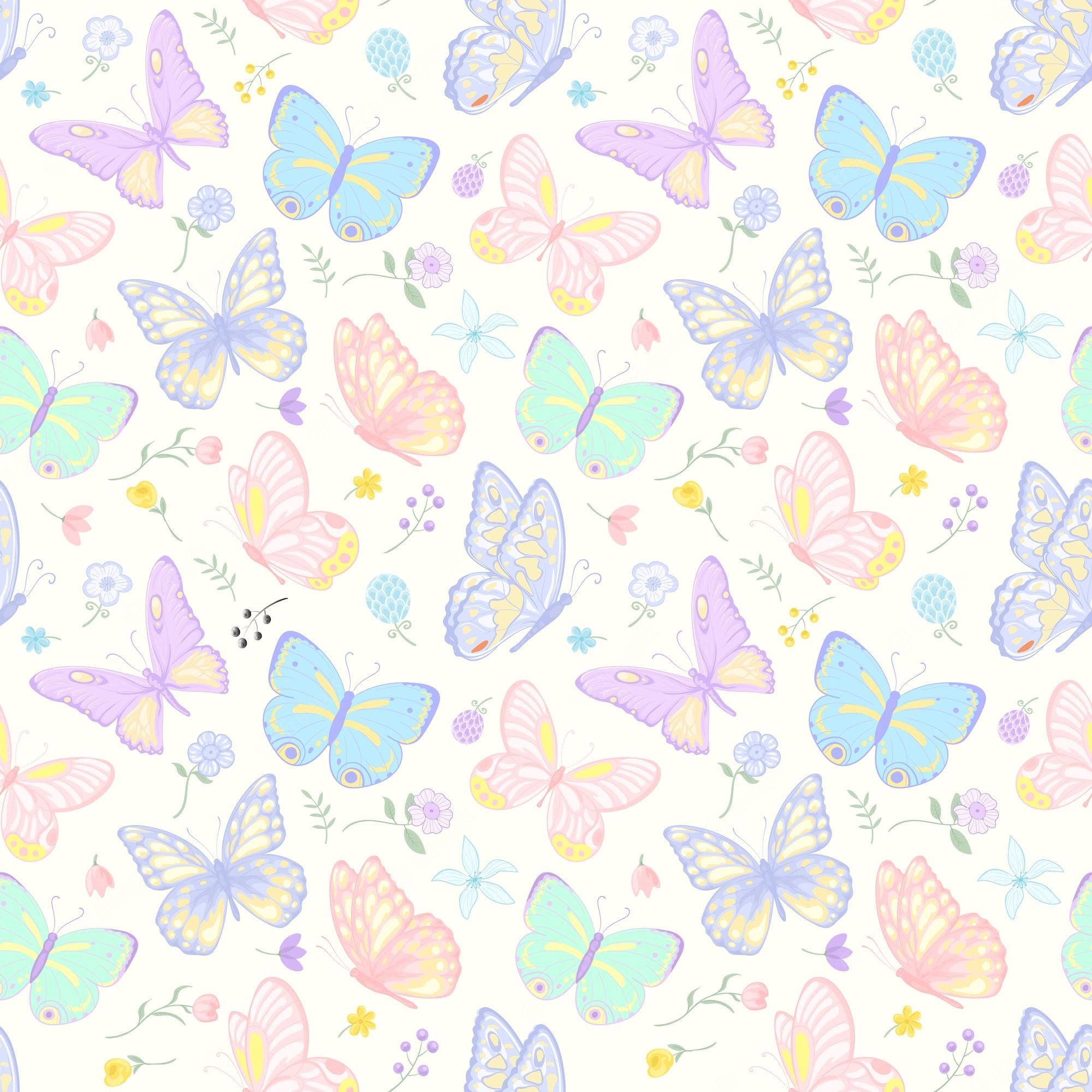 Wonderlike Pastel Skoenlappers en Blomme Muurpapier