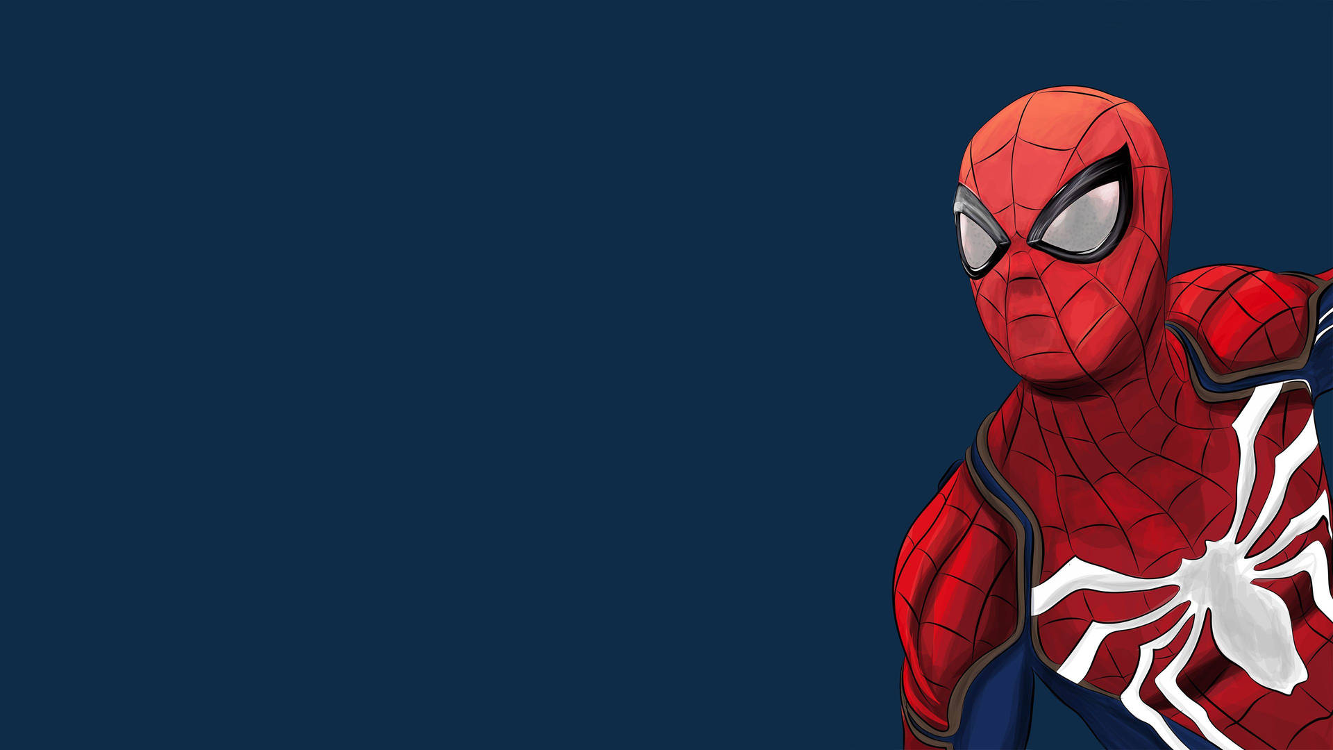 Spiderman met sy rooi kostuum wat in die hoek wys op 'n donkerblou agtergrond.