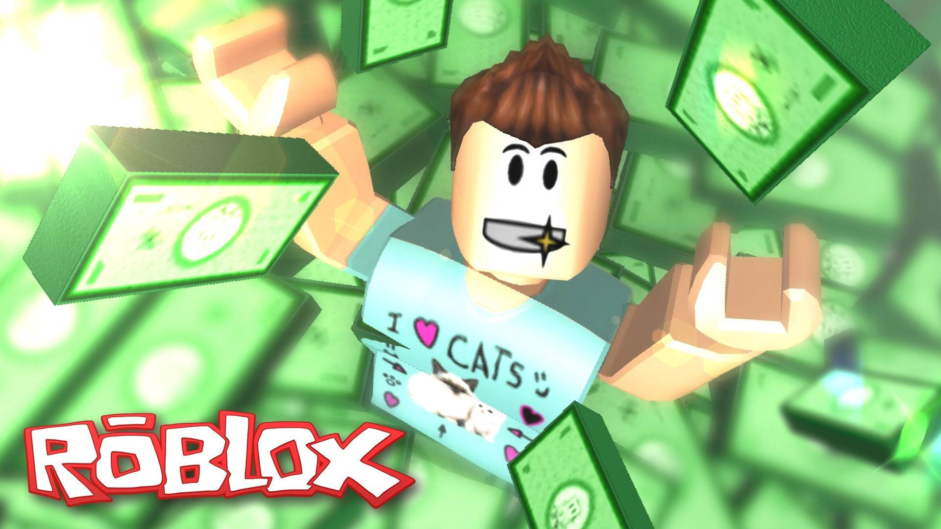 Pragtige plakpapier van Roblox avatar van 'n ryk man met sy geld.