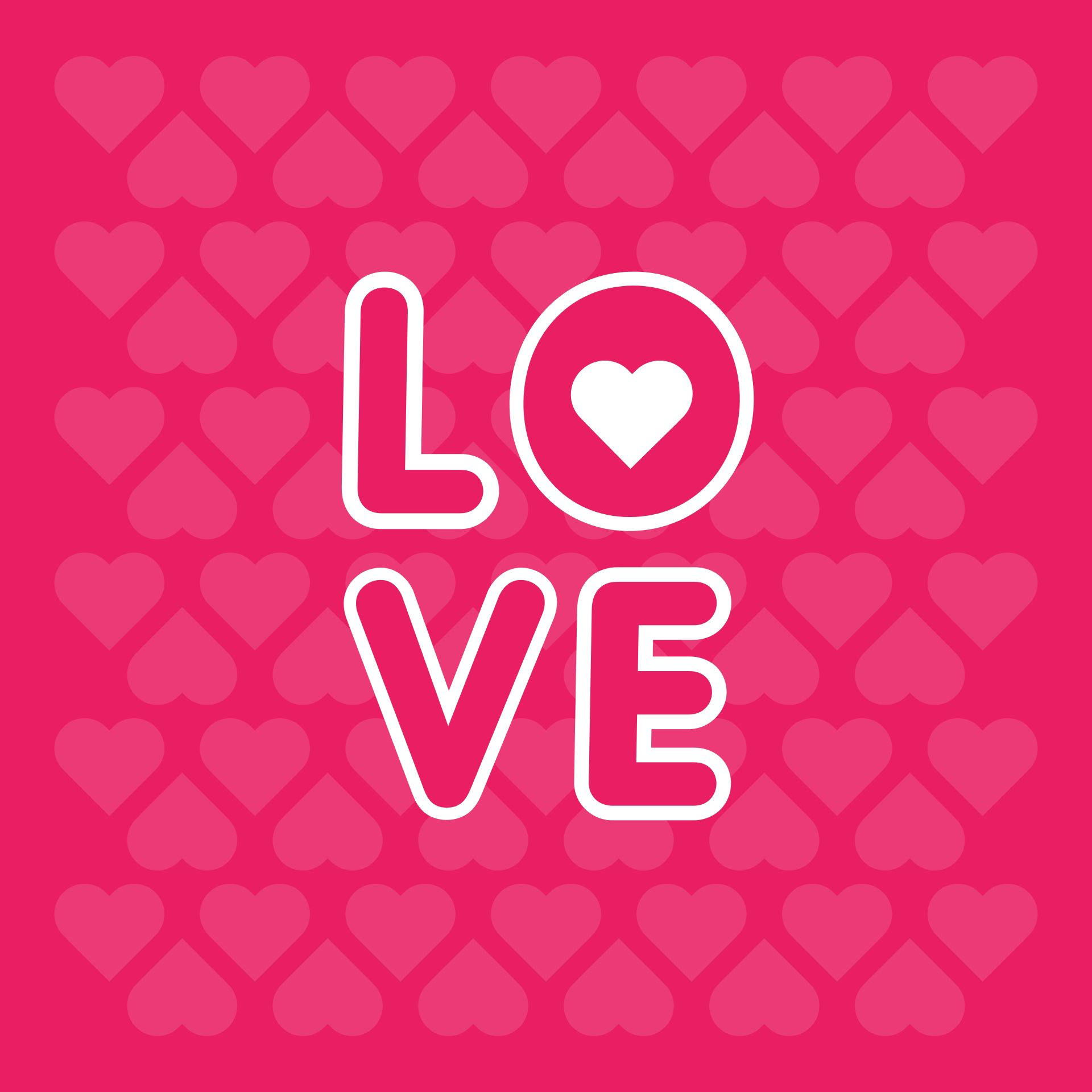 Liefde-inskripsie in pienk met wit buitelyn op 'n hartgevulde agtergrond vir Gelukkige Valentynsdag.