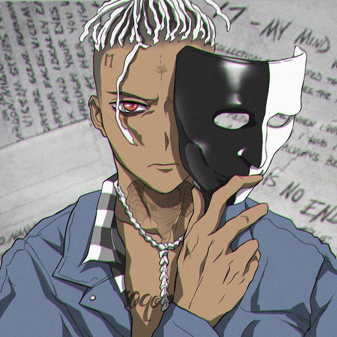 Xxxtentacion Anime Swart en Wit Masker Muurpapier