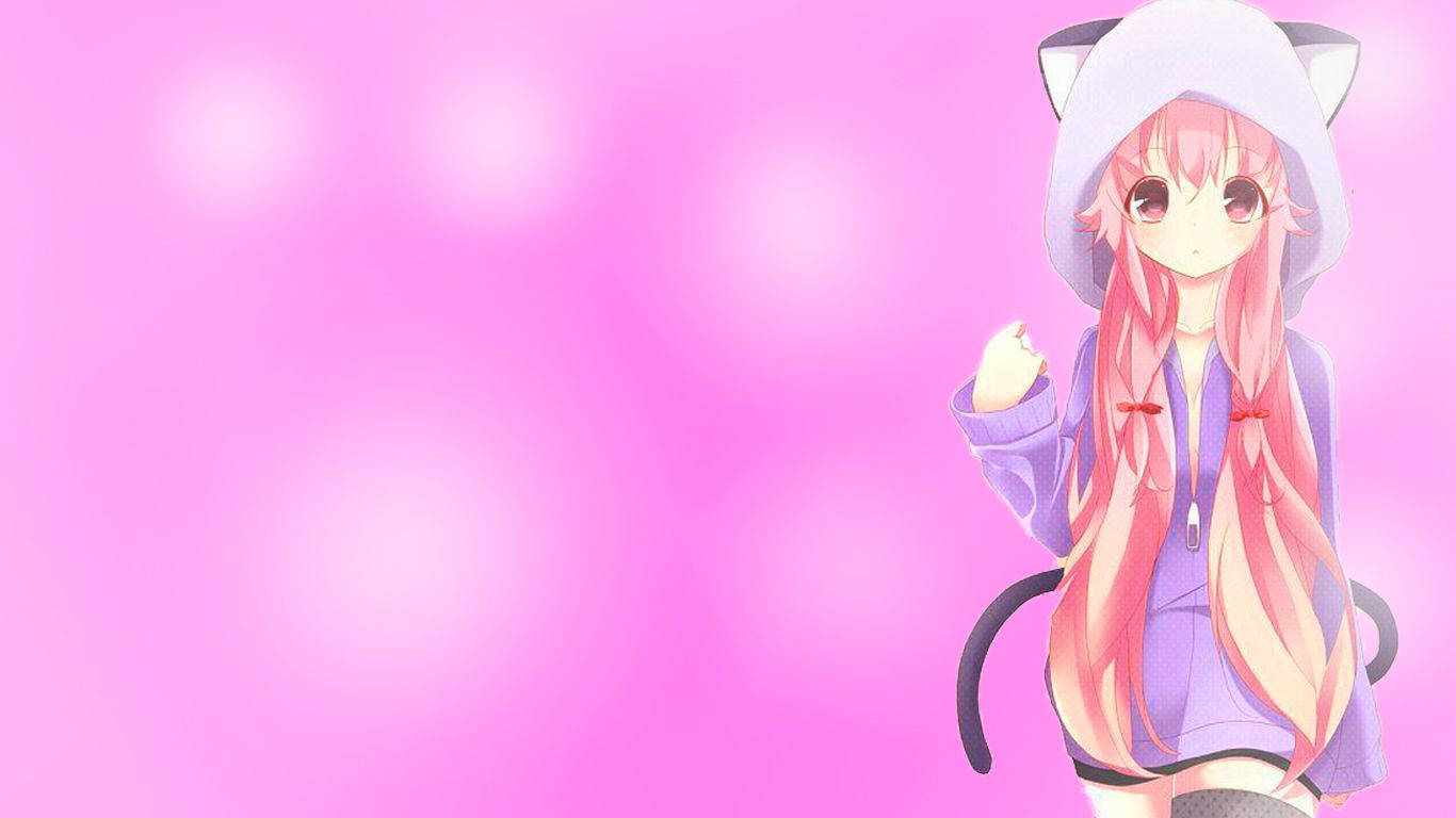 Yuno Gasai Met Kapoei Op Kawaii Pienk Agtergrond Muurpapier
