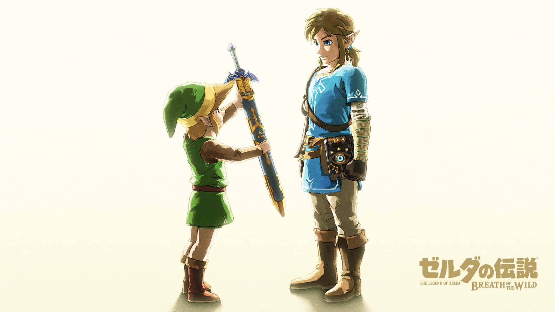 Zelda Botw Klein Link Gee Swaard aan Groot Link Muurpapier