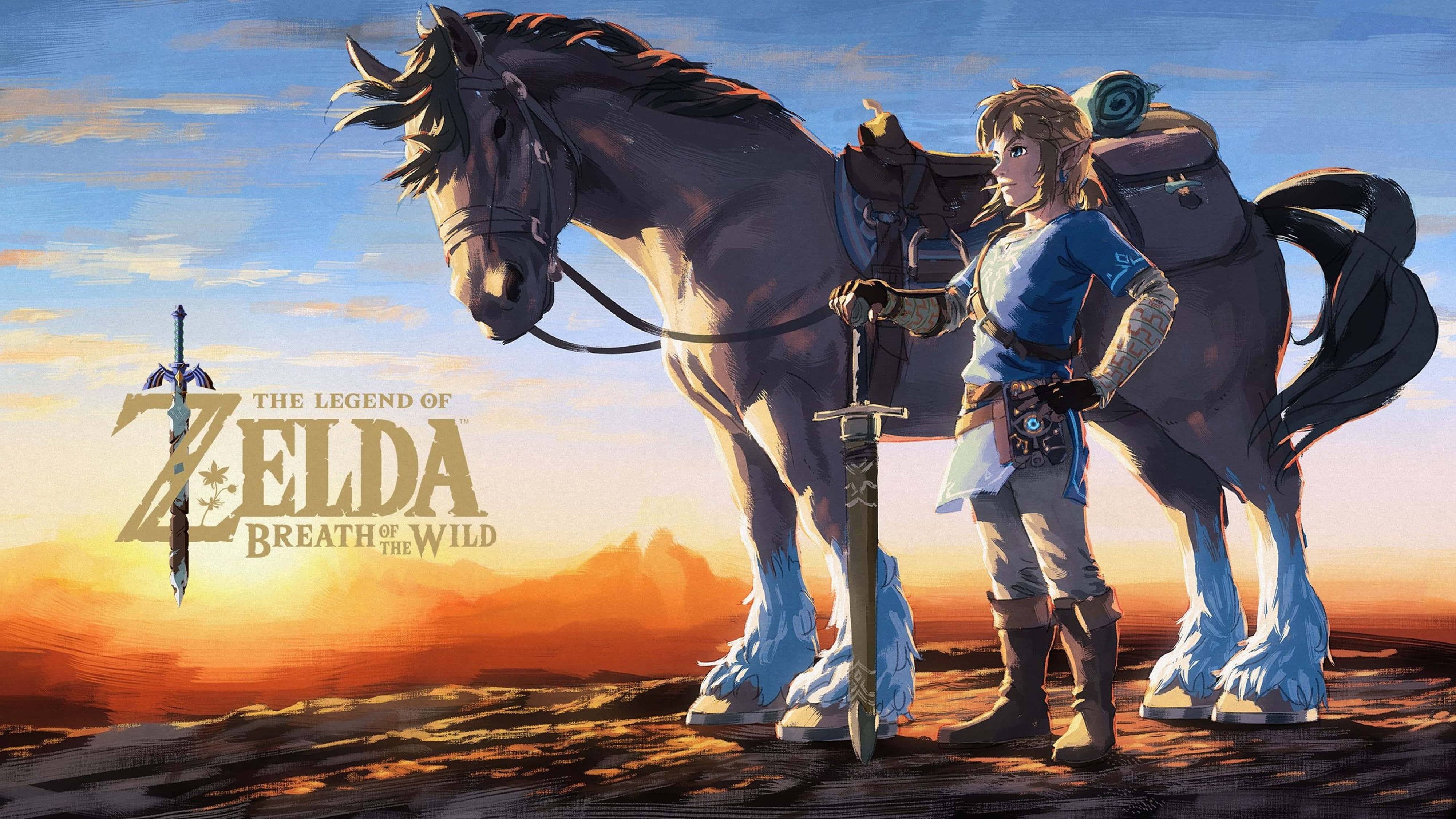 Zelda Breath Of The Wild 4K Link met 'n Perd Muurpapier