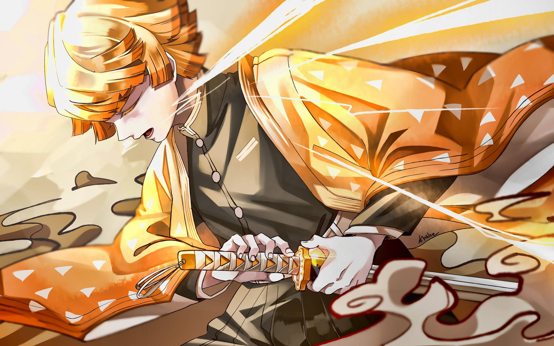 Demon Slayer-agtergrond van Zenitsu Agatsuma wat die Donder-asemtegniek uitvoer. — Demon slayer 4K GIF Muurpapier