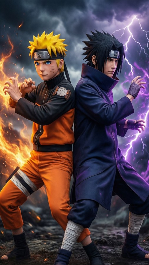 Naruto en Sasuke rug-aan-rug in gevegshouding.