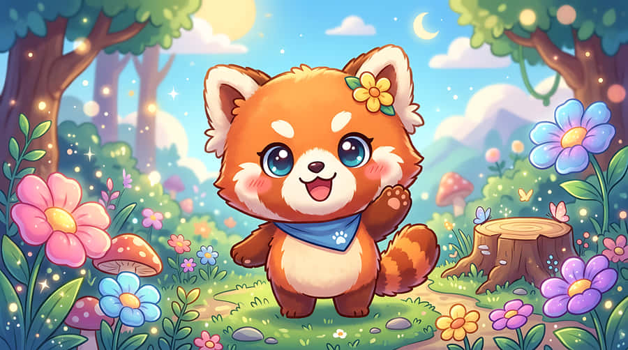 oulik,panda,rooipanda,strokiesprent,kawaii,chibi,dier,karakter,oulike dier,strokiesprent dier,aanbiddelik,pastel,kleurryk, fantasie,bos,natuur,illustrasie,esteties,agtergrond,4K