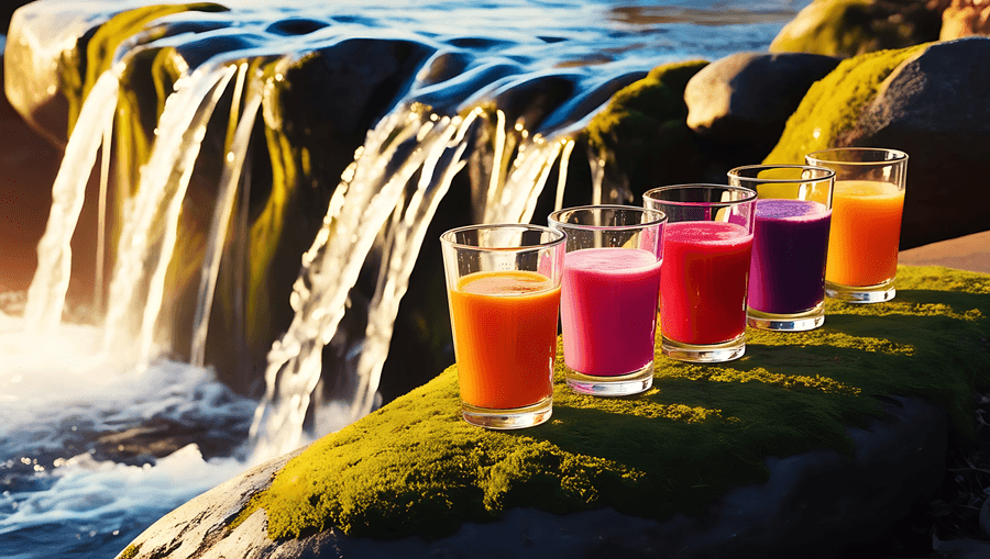 smoothies,waterval,tropies,drankies,kleurryk,verfrissend,vrugte,natuur,buitelewe,lewendig,somer,drankie,glas,stroom,koel