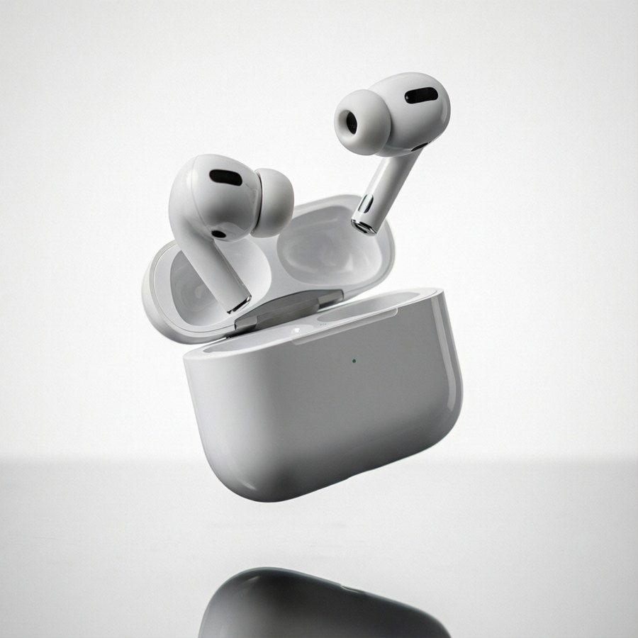 AirPods wat in die lug sweef, produktefotografie.