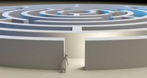 3D wit ronde doolhof met hoë mure agtergrond