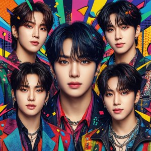 Lewendige popkuns-styl albumomslag met 'n Kpop-groep — Huawei nova Flip Muurpapier