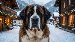 Sint-bernardhond in sneeubedekte dorpie met Kersfeesligte — Hond Muurpapier