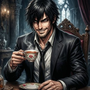 Alucard in ’n pak wat tee drink, alledaagse anomalie — Pixel Watch 3 Muurpapier