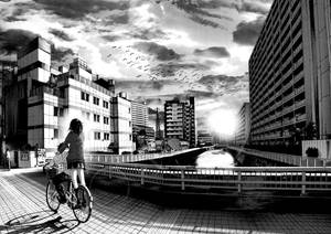 Animasiemeisie met Fiets in die Stad Swart en Wit — Anime stad GIF Muurpapier