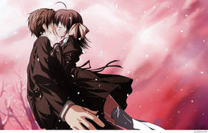 Anime-egpaar Omhelsing Rooi Lug