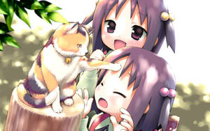 Anime-kinders met kat-agtergrond