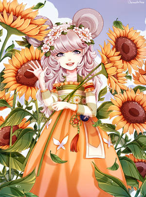 Anime kuns meisie wat in 'n sonneblomveld staan agtergrond