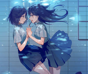 Anime-lesbiërs in die swembad-agtergrond — Anime lesbiër Muurpapier