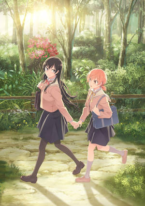 Anime-lesbiese in die bos-agtergrond — Anime lesbiër Muurpapier