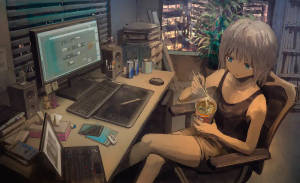 Anime Meisie Eet Kitsnoedels Voor Skootrekenaar — Anime kamer GIF Muurpapier