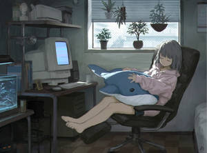 Anime Meisie Slaap Voor Skootrekenaar
