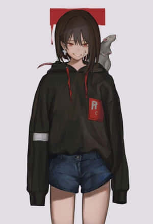 Anime Meisie Hoodie prente — Snoesige anime meisie Muurpapier