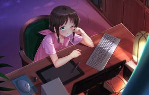 Anime Meisie Weerhou Lomerigheid Voor Skootrekenaar