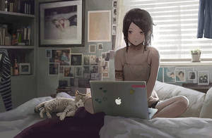 Anime Meisie Werk Met Skoenlapper Op Bed