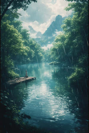 anime,meer,reën,bos,groen,mis,berge,dok,vreedsaam,melandolies,natuur,toneel,4K — iPhone 4 Muurpapier