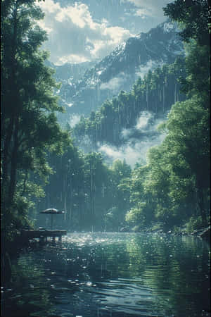 anime,meer,reën,woud,groen,mis,berge,dok,rustig,melankolies,natuur,toneel,4K — iPhone 4 Muurpapier