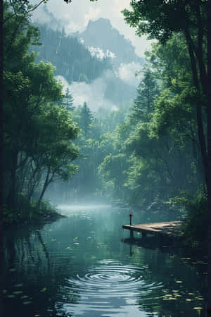 anime,meer,reën,woud,groen,mis,berge,dok,rustig,melankolies,natuur,toneel,4K — iPhone 4 Muurpapier