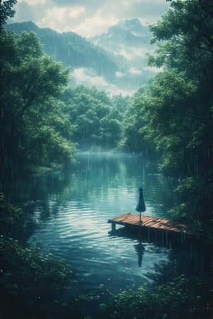 anime,meer,reën,woud,groen,mis,berge,dok,rustig,melankolies,natuur,toneel,4K — iPhone 4 Muurpapier