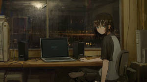 Anime-skootrekenaar by die Reënende Stadsbeeld