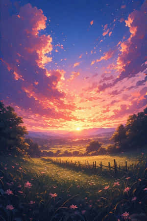 anime sonsondergang, plattelandstafereel, dromerige lug, eteries, lewendige kleure, muurpapier, digitale kuns, anime landskap, platteland, pragtig, rustig, kalm — Anime landskap GIF Muurpapier