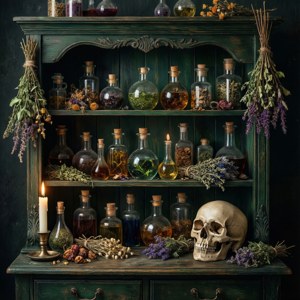 'n Toweragtige aptekersrak met dranke en skedel, whimsigotiese gotiese dekor. — Pixel Watch 3 Muurpapier