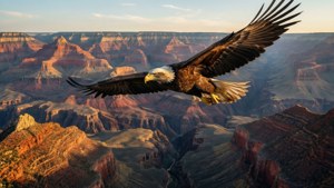 'n Arend wat oor die Grand Canyon vlieg tydens goue uur.