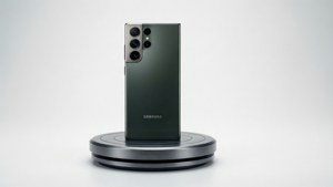 S24 Ultra in 'n produkateljee-opname op 'n voetstuk, skoon wit agtergrond.