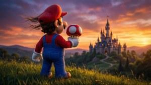 Mario staar na 'n ver kasteel teen sononder, met 'n Super-sampioen in sy hand, in 'n rustige en avontuurlike landskap. — Mario Muurpapier