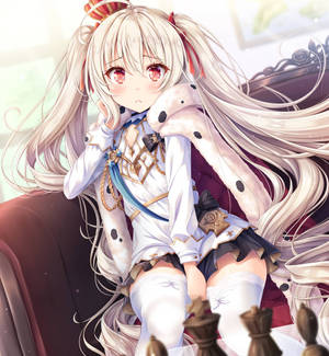 Azur Lane Valiant wat bloos op donkerrooi stoel muurpapier — Oppo Find N6 Muurpapier