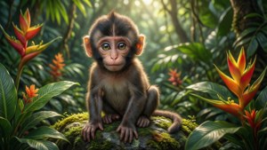 Lieflike baboonaap wat op 'n mosagtige rots in 'n tropiese oerwoud sit met sagte sonlig — Oulike Aap Muurpapier