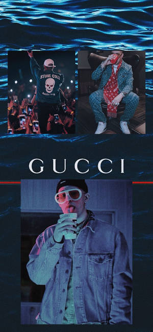 Bad Bunny Gucci plakkaat agtergrond — iPhone 14 Pro Max Muurpapier