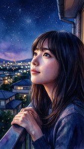 Rikako op 'n balkon wat na sterre kyk — Oseaan golwe Muurpapier