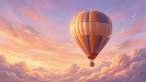 'n Warmlugballon wat in 'n pastelkleurige sonsonderganghemel dryf met wolke onder. — Luguitsig Muurpapier