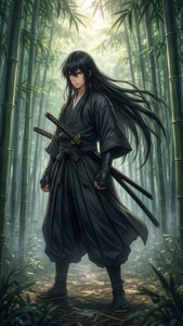 'n Tradisionele anime-seun-samurai in 'n mistige bamboesbos. — iPhone 5 Muurpapier