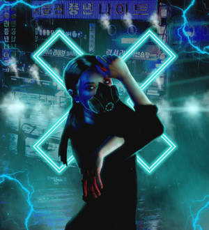 Cyberpunk meisie wat masker dra in neonblou agtergrond — Oppo Find N5 Muurpapier